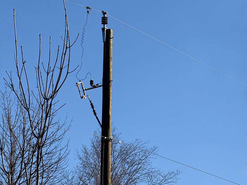 Existing wooden private hydro pole and overhead service on a rural property